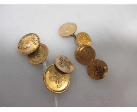 Two pairs of cufflinks made of various yellow precious metal coins (23g)  
