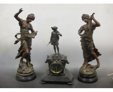 A slate mantle clock together with a pair of spelter figures after Moreau  