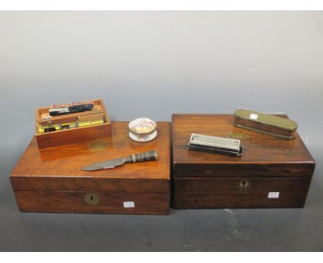 Two 19th century work boxes, a cased brass student's microscope, a Staffordshire enamel patch box, a Dutch brass and copper t
