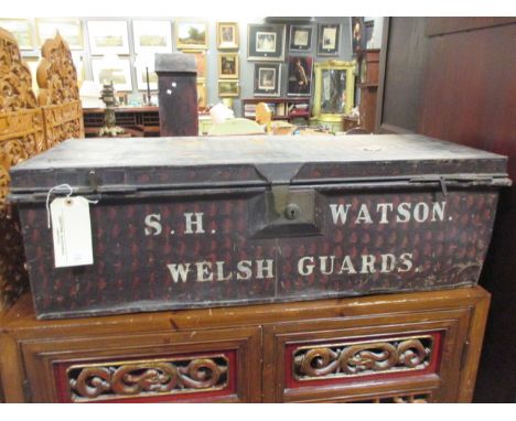 A two handled tin trunk, bearing S H WATSON, WELSH GUARD 30 x 93 x 37cm  