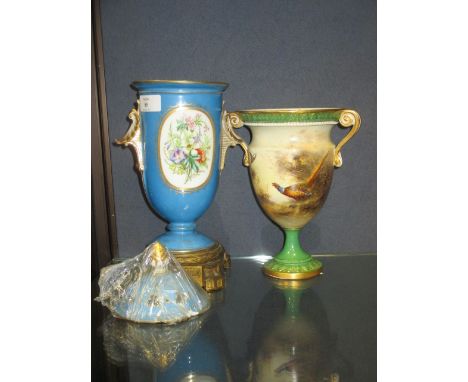 A Royal Worcester vase, painted by James Stinton with Pheasants; a gilt metal mounted blue ground vase (A/F) (2)  