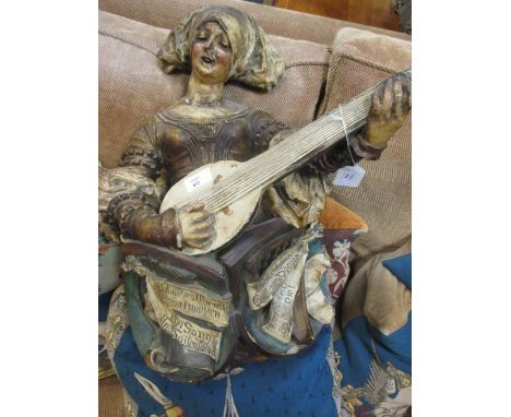 A painted terracotta sculpture of a lute player, 60 x 40 x 30 cm  