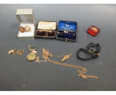 A pearl and diamond bar brooch, cased, another three leaf clover and ruby bar brooch, cased, together with a quantity of mixe