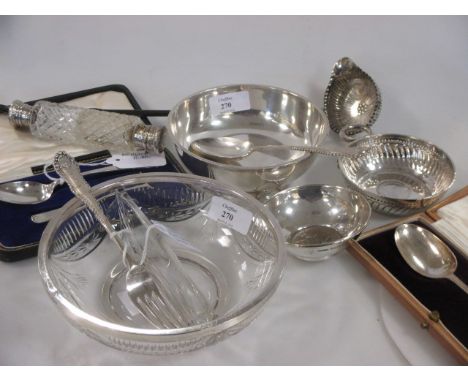 A silver toddy ladle, two cased silver christening sets, silver book cover, cased silver spoon and pusher fork, cased silver 