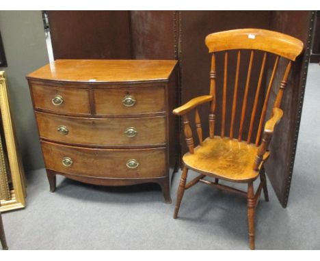 A Regency mahogany bow front chest of drawers, 87 x 90 x 50cm and an elm seated stick back elbow chair (2)  