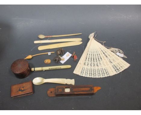 Page turners/book marks, ivorine pen, fan, olive wood vesta, Jerusalem souvenir etc  