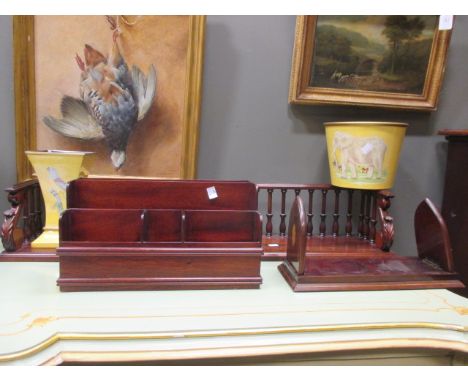 A pair of modern three quarter galleried book troughs with a pair of Edwardian adjustable book slides and a desk tidy  