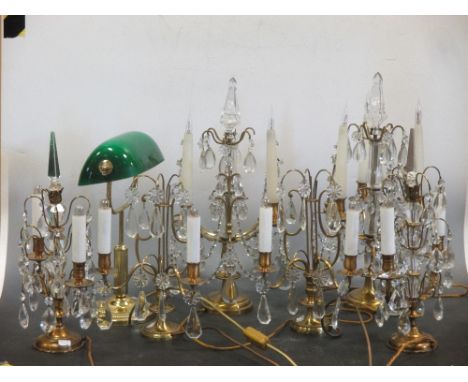 A pair of gilt metal and glass lustre table lights, another pair and two further small pair and a green glass Churchill lamp 