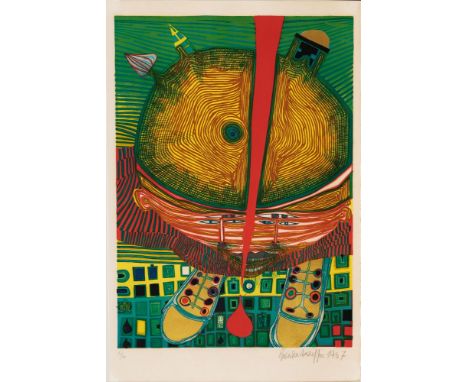 Friedensreich Hundertwasser (Wien 1928 - vor Australien 2000). Der Knabe mit den grünen Haaren. Farblithographie. 52 x 37 cm.