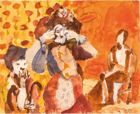 Willem Grimm (Darmstadt-Eberstadt 1904 - Hamburg 1986). Zwei Masken und Sitzende. 1959. Gouache. 39 x 48 cm. R. u. dat. 1959,