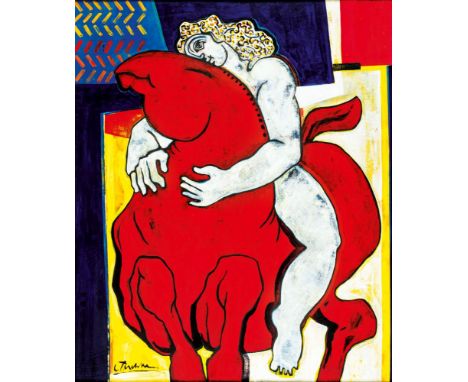 Christian Peschke (Säckingen 1946). Die weiße Reiterin. Acryl/Holz. 120 x 100 cm. L. u. sign. C. Peschke.   - Gutachten: Zert