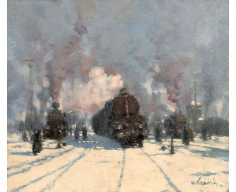 Vilém Kreibich (Zdice 1884 - Prag 1955). Lokomotiven unter Dampf. Öl/Lw. 68,5 x 79 cm. R. u. sign. Kreibich.   - Tschechische
