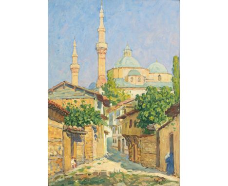 Mehmet Ruhi Arel (Istanbul 1880 - Istanbul 1931). Die grüne Moschee in Bursa. 1914/15. Öl/Karton. 68,5 x 49 cm. R. u. sign. u