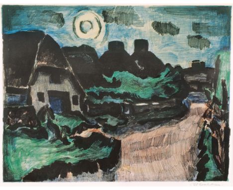 Ernst Mollenhauer (Tapiau 1892 - Düsseldorf 1963). Nächtliche Straße in Keitum/Sylt. 1957. Farblithographie. 48 x 61,5 cm. R.