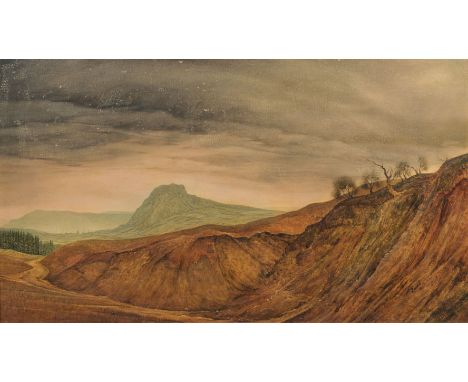 Franz Lenk (Langenbernsdorf 1898 - Fellbach 1968). Hegauabhang mit Hohentwiel. 1934. Öl und Eitempera/Lw./Holz. 60 x 99,5 cm.