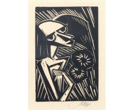 Emil Maetzel (Cuxhaven 1877 - Hamburg 1955). Frühling, Frau mit Blumen. Linolschnitt. 25 x 16,5 cm. R. u. mit Bleistift sign.