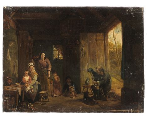 Genre - - William Mulready.  (1786 - 1863). Dudelsackspieler vor häuslichem Publikum. Um 1820. Öl auf Leinwand. 30,5 x 41 cm.