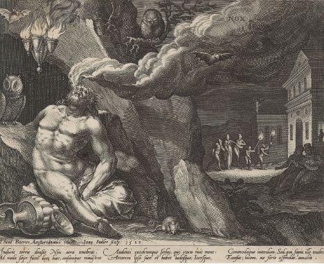 Johannes Sadeler I.. Der schlafende Nox. 1582. Kupferstich auf Bütten. 22 x 17,5 cm. In der Platte signiert und datiert. Mit 