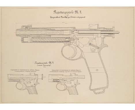 Militaria - - Sammlung von vorwiegend großformatigen, tls. gefalt. lithogr. Waffenkonstruktionstafeln mit Instruktionen. 1889