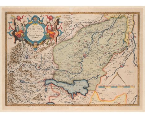 Karten - Italien - - Abraham Ortelius. Veronae Urbis Territorium. Kolorierte Kupferstichkarte. Um 1580. Auf Doppelblatt Bütte