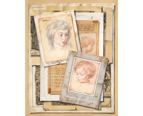 Trompe-l'oeil - - Cornelia Raeder.  (1943 München). Aus dem Rubensnachlass (3 Kinderbildnisse). 1989. Collage. Mischtechnik m