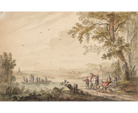 Landschaft - - Landschaft mit Boot. Um 1800. Federzeichnung aquarelliert auf Bütten (mit Wz. Lilie im bekrönten Schild). 19,5