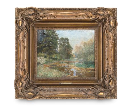 Impressionismus - - Adolf Glatte.  (1866 Häslicht (heute Kostrza, Polen) - 1920 München). Landschaft mit Fluss und Bäumen. Um