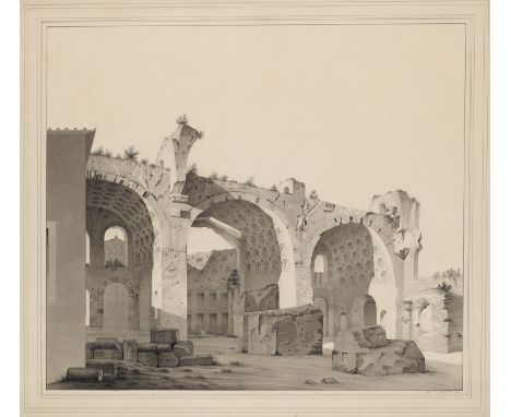 Italien - Rom - - Carl Friedrich Beisbarth.  (1808 - 1878). Ansicht des Tempio della Pace in Rom. 1835. Lavierte Federzeichnu