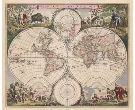 Karten - Welt - - Frederick De Wit.  (1610 - 1698). Handkolorierte Weltkarte aus dem 17. Jh. Nova Orbis Tabula, In Lucem Edit