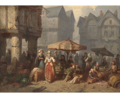 Frankreich - - Alexis-Auguste Darcy-Dumoulin.  (1815 Noyon - 1864 Paris). Dörfliche Marktszene in der Normandie. Um 1840. Öl 