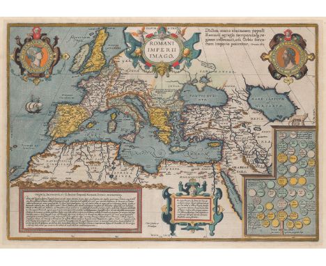 Karten - - Abraham Ortelius. Romani Imperii Imago. Kolorierte Kupferstichkarte. Um 1600. Auf Doppelblatt Büttenpapier. 35 x 5