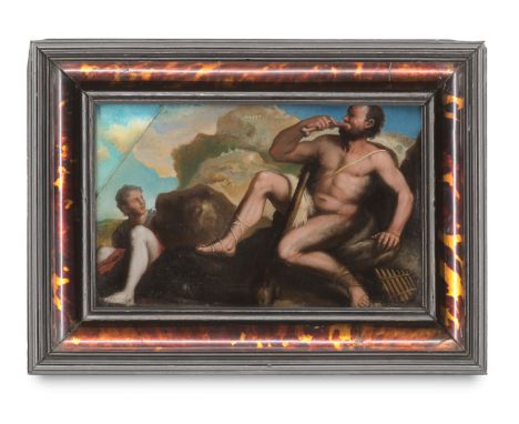 Hinterglasmalerei - - Odysseus und Polyphem. Um 1850. Hinterglasmalerei. 17 x 27 cm. Monogrammiert. Im originalen Schildpattr