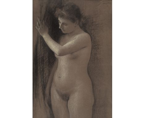 Gustave Courtois.  (1852 Pusey - 1923 Neuilly-sur-Seine). Weiblicher Akt am Fenster. Um 1890. Kohle und weiße Kreide auf brau