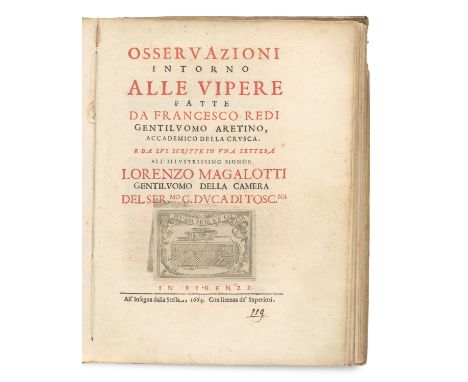 Zoologie - Herpetologie - - Francesco Redi. Osservazioni intorno alle vipere. Mit radierter Titelvign. u. Schlussvign. im Hol