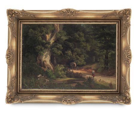 Genre - - Julius Coutelle.  (1835 - 1909). Bauernzug. Um 1880. Öl auf Leinwand. 39,5 x 55 cm. Signiert. Im Goldstuckrahmen ge