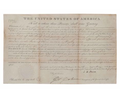 ADAMS, John Quincy (1767-1848). &nbsp; Engraved document signed as President ( "J. Q. Adams"), countersigned by Commissioner 