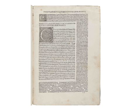 CICERO, Marcus Tullius (106-43 B.C.). Tusculanae disputationes, with anonymous commentary. Venice: Joannes Tacuinus, de Tridi