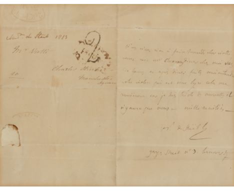DE STAEL-HOLSTEIN, Anne Louise Germaine, Madame (1766-1817). Autograph letter signed  "Mme de Stael". [1813]. To Giovanni Bat