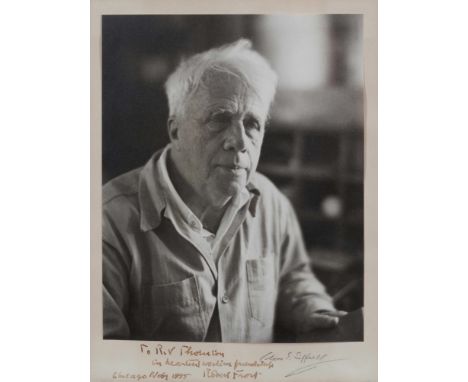 FROST, Robert (1874-1963). Photographic reproduction signed and inscribed ("Robert Frost"), to R.V. Thornton, 1955.9 x 7 1/4 