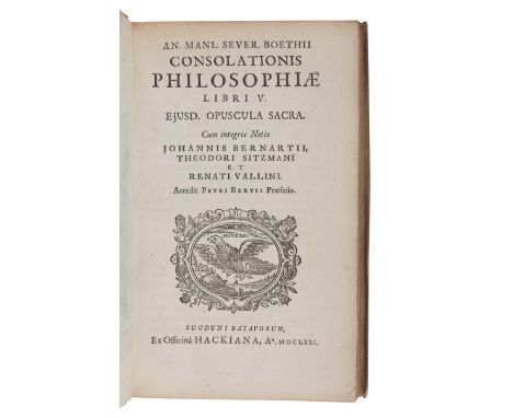 BOETHIUS, Anicius Manlius Torquatus Severinus (480?-524?). Consolationis Philosophiae Libri V. Leiden: Ex Officina Hackiana, 