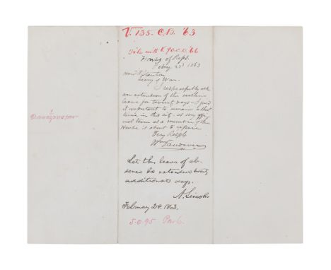 LINCOLN, Abraham (1809-1865). Autograph endorsement signed as President ( "A. Lincoln"), 24 February 1863. &nbsp;1 page, 4to,