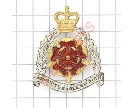 Hampshire and Isle of Wight Territorials Officer’s cap badge circa 1967-71.Fine scarce silvered, gilt and red translucent ena