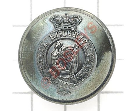 Irish. Royal Limerick County Militia Victorian Officer’s silver plated tunic button.Crowned title strap, Maid of Erin Harp to