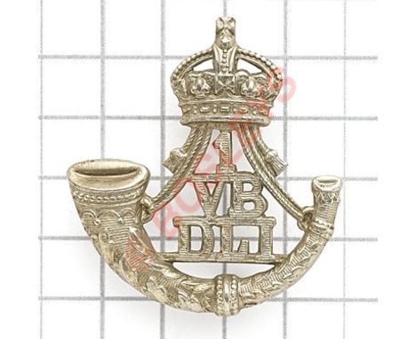 1st VB (Stockton on Tees) Durham Light Infantry cap badge circa 1901-08.Die-stamped white metal crowned strung bugle, “1 / VB