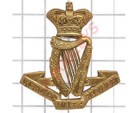 Royal Irish Regiment Victorian OR’s brass cap badge circa 1896-1901. Die-stamped crowned Harp on title scroll. (KK 613)LoopsV