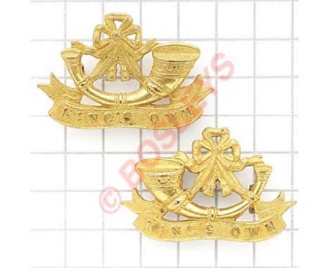 King’s Own Yorkshire Light Infantry gilt  KOYLI pair of collar badges.Facing die-stamped bugle horns on “King’s Own” scrolls 