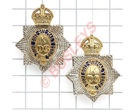 King’s Dragoon Guards Officer’s pair 1924 Birmingham  hallmarked silver collar badges.A fine die-cast silver, gilt and blue e