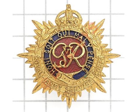 Royal Army Service Corps Officer’s cap badge circa 1936-39.Good GVIR die-cast gilt with red and blue enamelJ.R. Gaunt  London