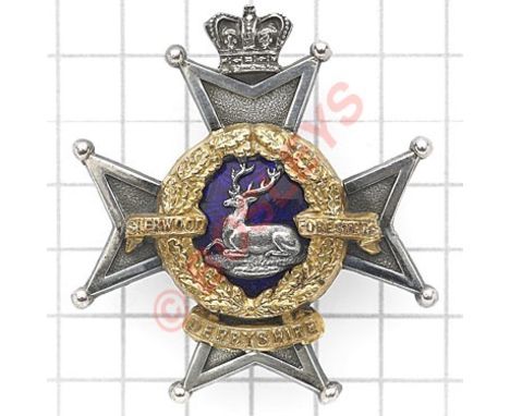 Sherwood Foresters (Derbyshire Regiment) Victorian Officer’s forage cap badge.Die-cast silvered, gilt and translucent blue en