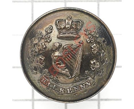 Irish. Kilkenny Militia Victorian Officer’s silver plated tunic button circa 1856-81.Crowned Maid of Erin Harp between shamro